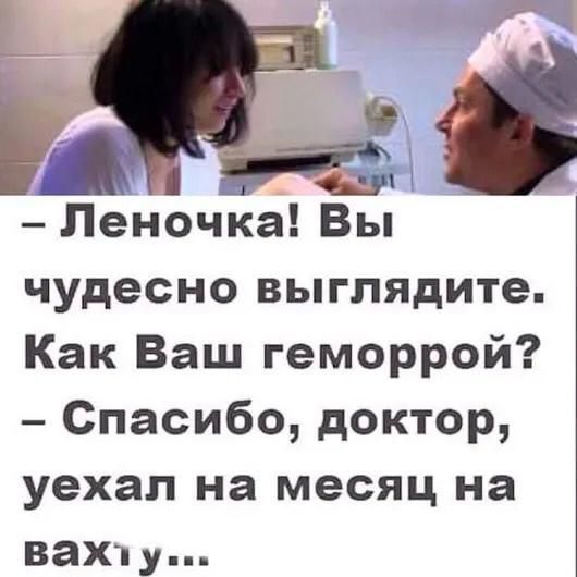а а Леночка Вы чудесно выглядите Как Ваш геморрой Спасибо доктор уехал на месяц на вахту