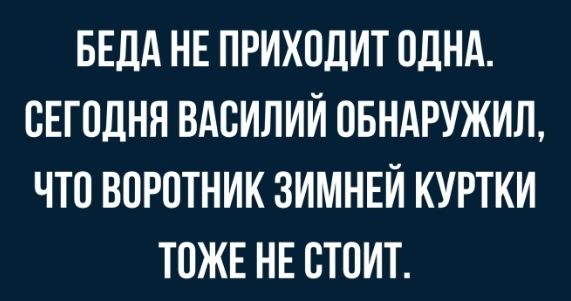 БЕДА НЕ ПРИХПДИТ ОДНА СЕГОДНЯ ВАСИЛИЙ ОБНАРУЖИЛ ЧТО ВОРПТНИК ЗИМНЕЙ КУРТКИ ТОЖЕ НЕ СТОИТ