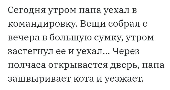 Сегодня утром папа уехал в командировку Вещи собрал с вечера в большую сумку утром застегнул ее и уехал Через полчаса открывается дверь папа зашвыривает кота И уезжает