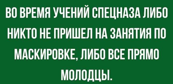 ВО ВРЕМЯ УЧЕНИЙ СПЕЦНАЗА ЛИБП НИКТП НЕ ПРИШЕЛ НА ЗАНЯТИЯ ПП МАСКИРПВКЕ ЛИБО ВСЕ ПРЯМО МПЛПДЦЫ