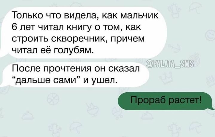 ТОЛЬКО ЧТО видела как МЭЛЬЧИК 6 лет читал КНИГУ О ТОМ как строить скворечник причем читал её голубям После прочтения он сказал дальше сами и ушел
