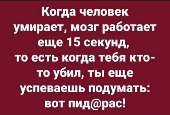 Когда человек умирает мозг работает еще 15 секунд то есть когда тебя кто то убип ты еще успеваешь подумать вот пидрас