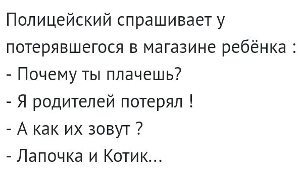 Полицейский спрашивает у потерявшегося в магазине ребёнка Почему ты плачешь Я родителей потерял А как их зовут Лапочка и Котик