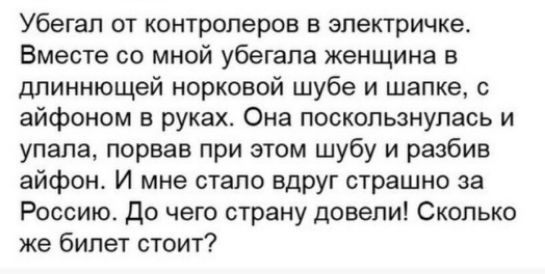 Убегап от контролеров в электричке Вместе со мной убегапа женщина в длиннющей норковой шубе и шапке с айфоном в руках Она поскользнупась и упала порвав при этом шубу и разбив айфон И мне стало вдруг страшно за Россию До чего страну довели Сколько же билет стоит