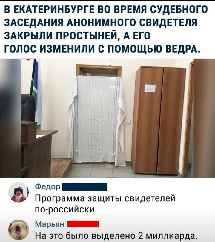 В ЕКАТЕРИНБУРГЕ ВО ВРЕМЯ СУДЕБНОГО ЗАСЕДАНИЯ АНОНИМНОГО СВИДЕТЕПЯ ЗАКРЫЛИ ПРОСТЫНЕЙ А ЕГО ГОЛОС ИЗМЕНИЛИ С ПОМОЩЬЮ ВЕдРА Федор Программа защиты свидетелей по российски Марьян А на ЭТО было выделено 2 миллиарда