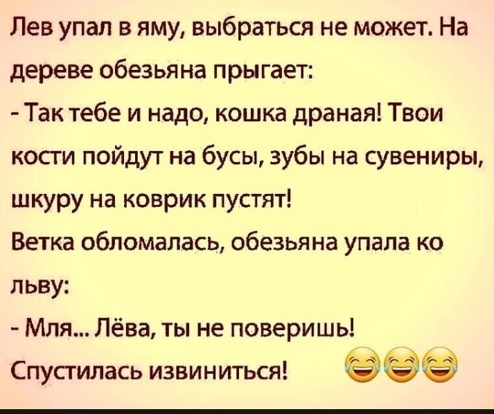 Лев упал в яму выбраться не может На дереве обезьяна прыгает Так тебе и надо кошка драная Твои кости пойдут на бусы зубы на сувениры шкуру на коврик пустят Ветка обломапась обезьяна упала ко льву Мля Лёва ты не поверишь Спустилась извиниться