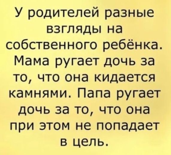 У родителей разные взгляды на собственного ребёнка Мама ругает дочь за то что она кидается камнями Папа ругает дочь за то что она при этом не попадает в цель