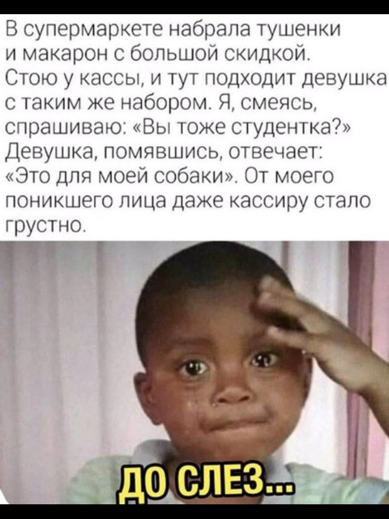 _ В супермаркете набрала тушенки и макарон с большой скидкой Стою у кассы и тут подходит девушка с таким же набором Я смеясь спрашиваю Вы тоже студентка Девушка помявшись отвечает Это для моей собаки От моего поникшего лица даже кассиру стало грустно