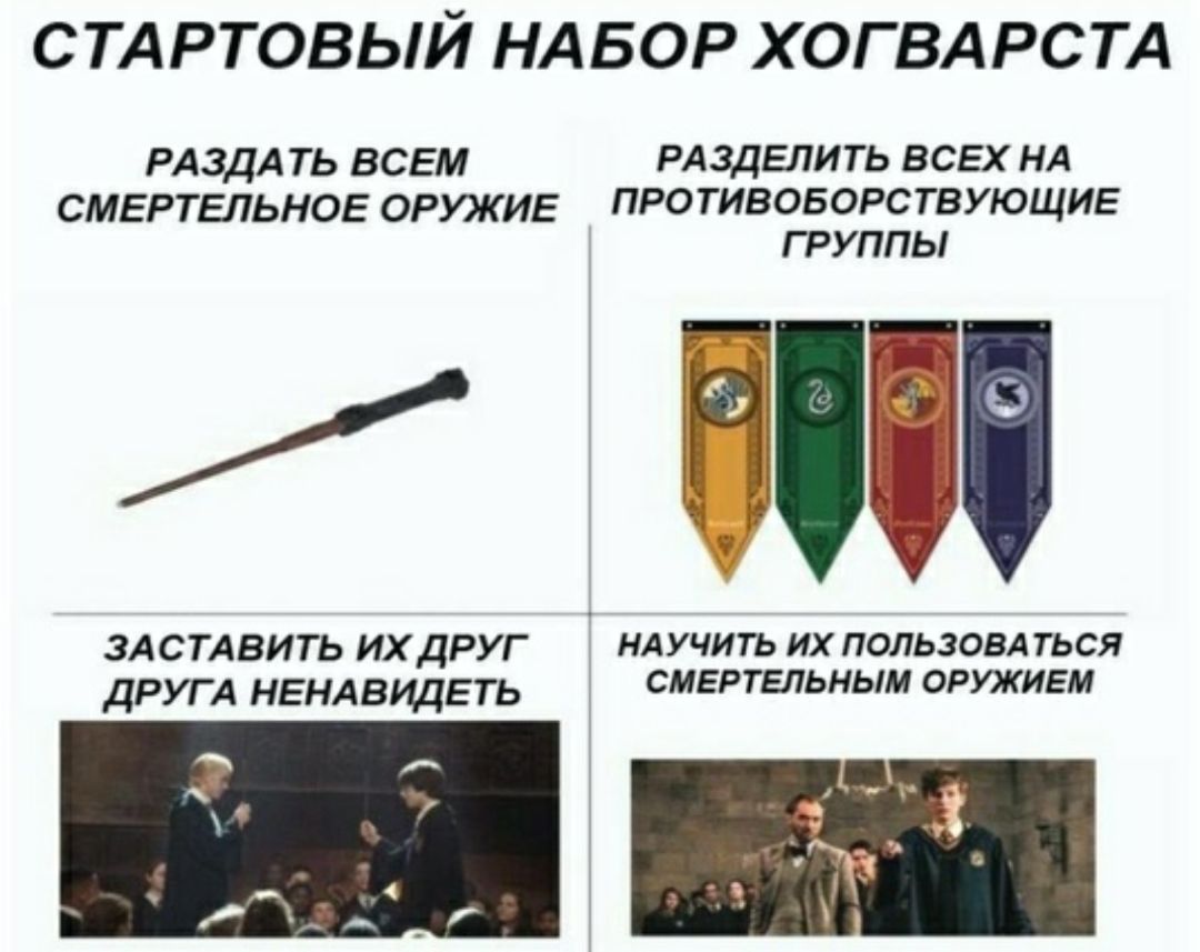 СТАРТОВЬЙ НАБОР ХОГВАРСТА РА3ДА ть ВСЕМ РАЗДЕЛИТЬ всех НА СМЕРТЕЛЬНОЕ ОРУЖИЕ ПРО ТИВОБ ОРС ТВУЮЩИЕ группы ЗАСТАВИТЬ ИХДРУГ НАУЧИТЬ ИХ ПОЛЬЗОВАТЬСЯ другд НЕНАВИДЕТЬ СМЕРТЕЛЬНЫМ ОРУЖИЕМ