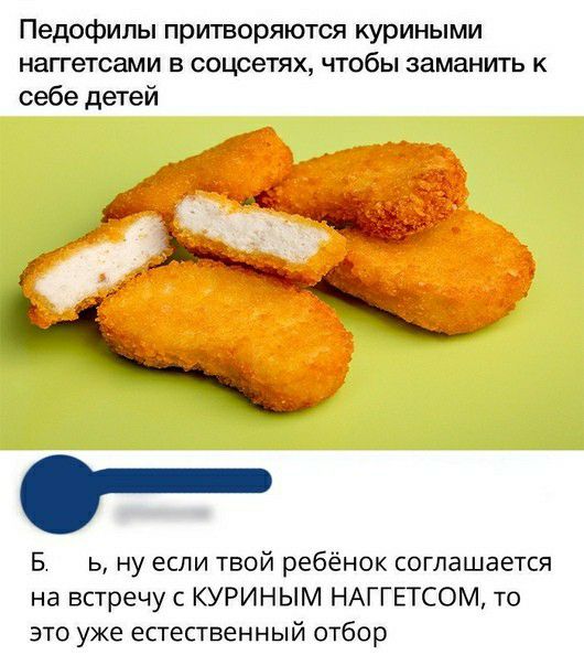 Педофилы притворяются куриными наггетсами Б СОЦСЗТЯХ ЧТОбЫ заманить К себе детей Б ь ну если твой ребёнок соглашается на встречу с КУРИНЫМ НАГГЕТСОМ то это уже естественный отбор