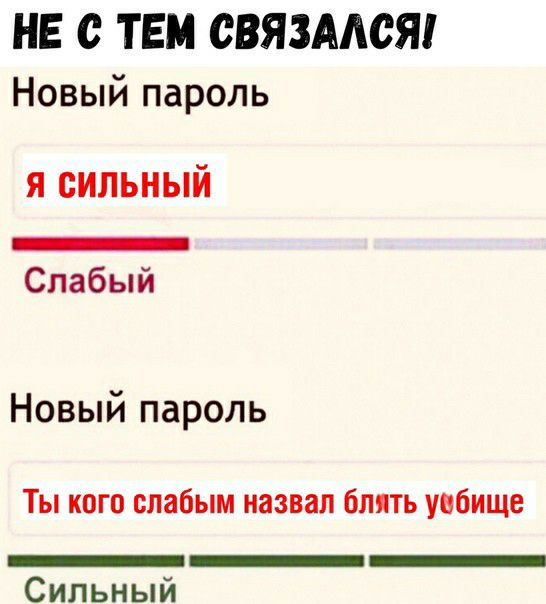 НЕ ТЕМ СВЯЗААСЯ Новый пароль я сильный _ Слабый Новый пароль Ты кого слабым назвал блять увбище __ Сильный