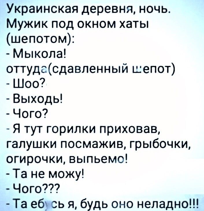 Украинская деревня ночь Мужик под окном хаты шепотом Мыкола оттудасдавленный шепот Шоо Выходь Чого Я тут горилки приховав галушки посмажив грыбочки огирочки выпьемо Та не можу Чого Та еб сь я будь оно неладно