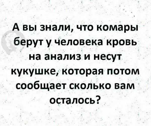 А вы знали что комары берут у Человека кровь на анализ и несут кукушке которая потом сообщает сколько вам осталось