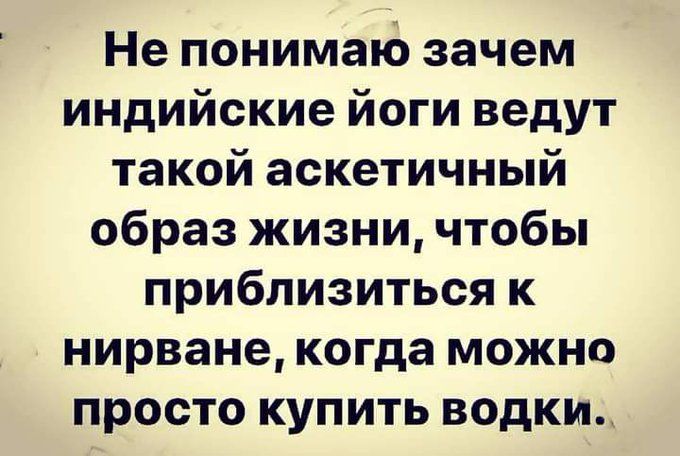 Не понимаю зачем индийские йоги ведут такой аскетичный образ жизни чтобы приблизиться к нирване когда можно просто купить водки