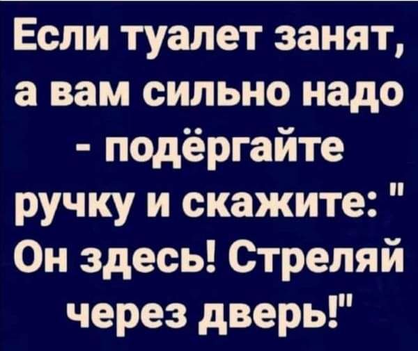 Если туалет занят а вам сильно надо подёргайте ручку и скажите Он здесь Стреляй через дверь