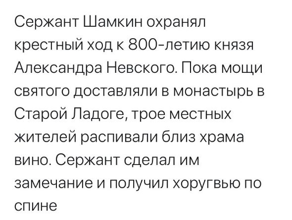 Сержант Шамкин охранял крестный ход к ЗООлетию князя Александра Невского Пока мощи святого доставляли в монастырь в Старой Ладоге трое местных жителей распивали близ храма вино Сержант сделал им замечание и получил хоругвью по спине