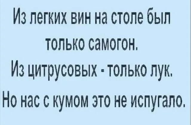 Из легких вин на столе был только самогон Из цитрусовых только пук Но нас с кумом это не испугало