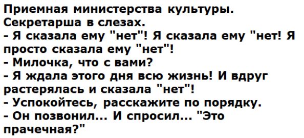 Приемная министерства культуры Секретарша в слезах Я сказала ему нет Я сказала ему нет Я просто сказала ему нет Мипочка что с вами Я ждала этого дня всю жизнь И вдруг растерялась и сказала нет Успокойтесь расскажите по порядку Он позвонил И спросил Это прачечная