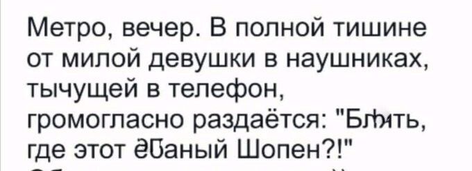 Метро вечер В полной тишине от милой девушки в наушниках тычущей в телефон громогласно раздаётся Бпить где этот ёбаный Шопен