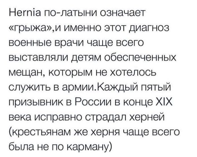 Негпіа по латыни означает грыжаи именно этот диагноз военные врачи чаще всего выставляли детям обеспеченных мещан которым не хотелось служить в армииКакдый пятый призывник в России в конце ХХ века исправно страдал херней крестьянам же херня чаще всего была не по карману