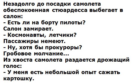 Незадолго до посадки самолета обеспокоенная стюардесса выбегает в салон Есть ли на борту пилоты Салон замирает Космонавты летчики Пассажиры немеют Ну хотя бы прокуроры Гробовое молчание Из хвоста самолета раздается дрожащий голос У меня есть небольшой опыт сажать картошку