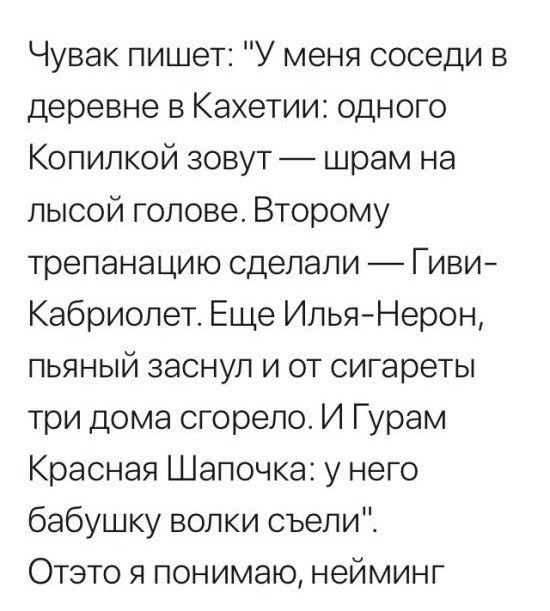 Чувак пишет У меня соседи в деревне в Кахетии одного Копипкой зовут шрам на лысой голове Второму трепанацию сделали Гиви Кабриолет Еще Илья Нерон пьяный заснул и от сигареты три дома сгорело И Гурам Красная Шапочка у него бабушку волки съели Отэто я понимаю нейминг