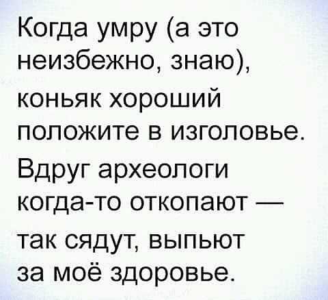 Когда умру а это неизбежно знаю коньяк хороший положите в изголовье Вдруг археологи когдато откопают так сядут выпьют за моё здоровье