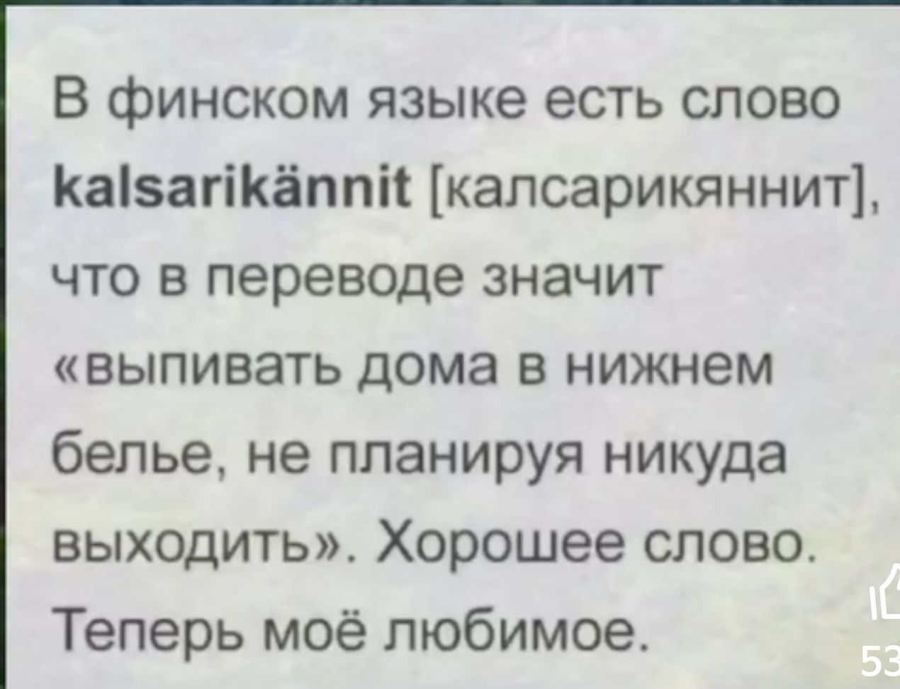 В финском языке есть слово КаізагіКёппіі калоарикяннит что в переводе  значит выпивать дома в нижнем белье не планируя никуда выходить Хорошее  слово Теперь моё любимое - выпуск №1222346