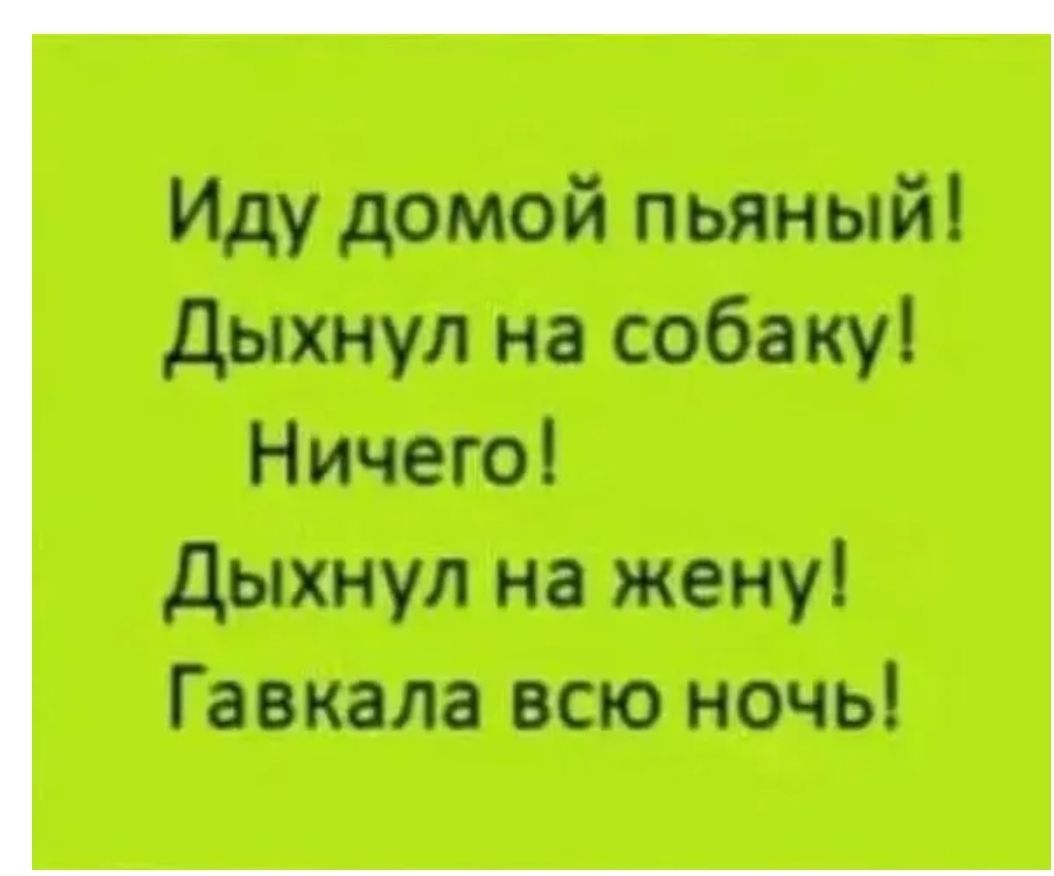 Иду домой пьяный дыхнул на собаку Ничего Дыхнул на жену Гавкала всю ночь
