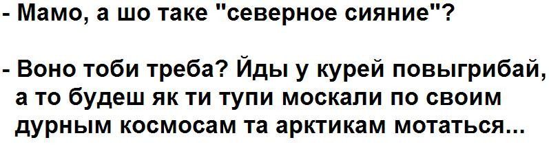 Мамо а шо таке северное сияние Воно тоби треба Йды у курей повыгрибай а то будеш як ти тупи москали по своим дурным космосам та арктикам мотаться