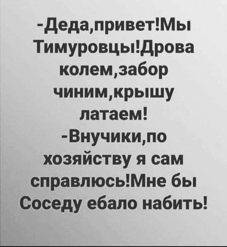 дедаприветМы Тимуровцыдрова колемзабор чинимкрышу патаем Внучикипо хозяйству я сам справлюсьМне бы Соседу ебало набить