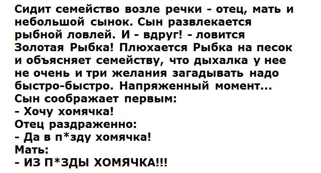 Сидит семейство возле речки отец мать и небольшой сынок Сын развлекается рыбной ловлей И вдруг ловится Золотая Рыбка Плюхается Рыбка на песок и объясняет семейству что дыхалка у нее не очень и три желания загадывать надо быстро быстро Напряженный момент Сын соображает первым Хочу хомячка Отец раздраженно да в пзду хомячка Мать ИЗ П3ДЫ ХОМЯЧКА