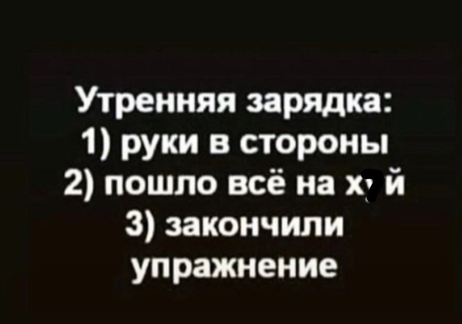 Утренняя зарядка 1 руки в стороны 2 пошло всё на х й З закончили упражнение