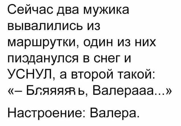 Сейчас два мужика вывалились из маршрутки один из них пизданупся в снег и УСНУЛ а второй такой Бляяяяч ь Валерааа Настроение Валера