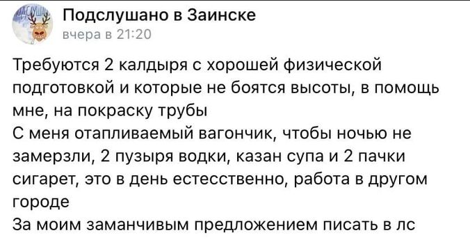Подспушанп в Заинске Требуются 2 калдыря с хврошей Физический подготовкой и которые не боятся высоты в помощь мне на покраску трубы с меня отапливаемый вагончик чтобы ночью не замерзли 2 пузыря водки казан супа и 2 пачки сигарет это в день естесственно работа в другом городе за МОИМ ЗЭМЭНЧИВЫМ предшежением ПИСВТЬ В ЛС