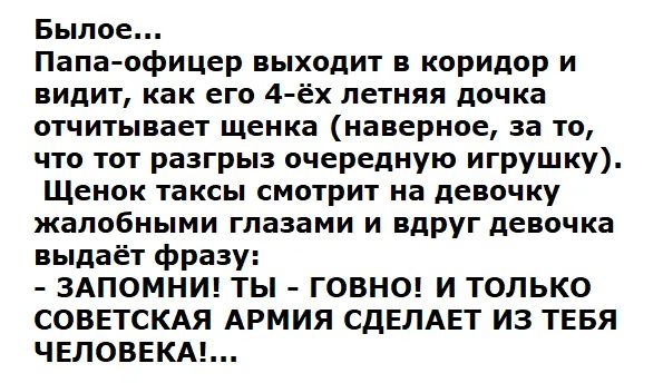 Былое Папа офицер выходит в коридор и видит как его 4 ёх летняя дочка отчитывает щенка наверное за то что тот разгрыз очередную игрушку Щенок таксы смотрит на девочку жалобиыми глазами и вдруг девочка выдаёт фразу ЗАПОМНИ ТЫ ГОВНО И ТОЛЬКО СОВЕТСКАЯ АРМИЯ СДЕЛАЕТ ИЗ ТЕБЯ ЧЕЛОВЕКА