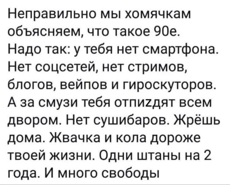 Неправильно мы хомячкам объясняем что такое 90е Надо так у тебя нет смартфона Нет соцсетей нет стримов блогов вейпов и гироскуторов А за смузи тебя отпи2дят всем двором Нет сушибаров Жрёшь дома Жвачка и копа дороже твоей жизни Одни штаны на 2 года И много свободы