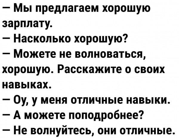 Мы предлагаем хорошую зарплату Насколько хорошую Можете не волноваться хорошую Расскажите о своих навыках Оу у меня отличные навыки А можете поподробнее Не волнуйтесь они отличные