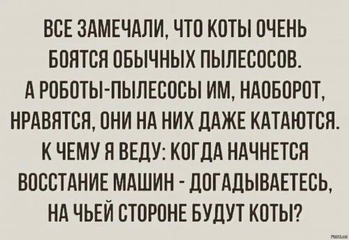 ВСЕ 3АМЕЧАЛИ ЧТО КОТЫ ОЧЕНЬ БОНТОЯ ОБЫЧНЫХ ПЫЛЕСОООВ А РОБОТЫ ПЫЛЕОООЫ ИМ НАОБОРОТ НРАВНТВП ОНИ НА НИХ ДАЖЕ КАТАЮТОЯ К ЧЕМУ Н ВЕДУ КОГДА НАЧНЕТСЯ ВОООТАНИЕ МАШИН ЛОГАЦЫВАЕТЕСЬ НА ЧЬЕЙ СТОРОНЕ БУДУТ КОТЫ