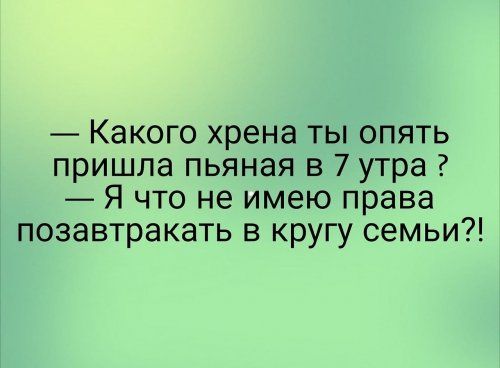 Какого хрена ты опять пришла пьяная в 7 утра Я что не имею права позавтракать в кругу семьи