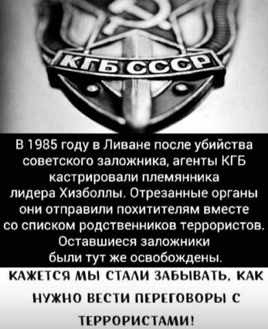 В 1985 году в Ливане после убийства совеюкого заложника агенты КГБ кастрировапи ПЛЕМПННИКЕ лидера Хизбаллы Отрезанные органы ОНИ отправили ПОХИТИТЕЛЯМ вместе со списком родственников террористов ОСТЗБШИЕСЯ ЗЗЛОЖНИКИ были тут же освобождены Ю 9 МЫ іААИ ЗАЬЫВАПЬ КАК НУЖНО ВСИ ГНИ ОВОРЫ С ПРРОРИСТАМИ