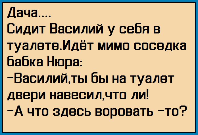 Дача Видит Василий у себя в туалетеИдёт мимо соседка Бабка Нюра Василийты Вы на туалет двери навесилнтп ли А что здесь воровать тв