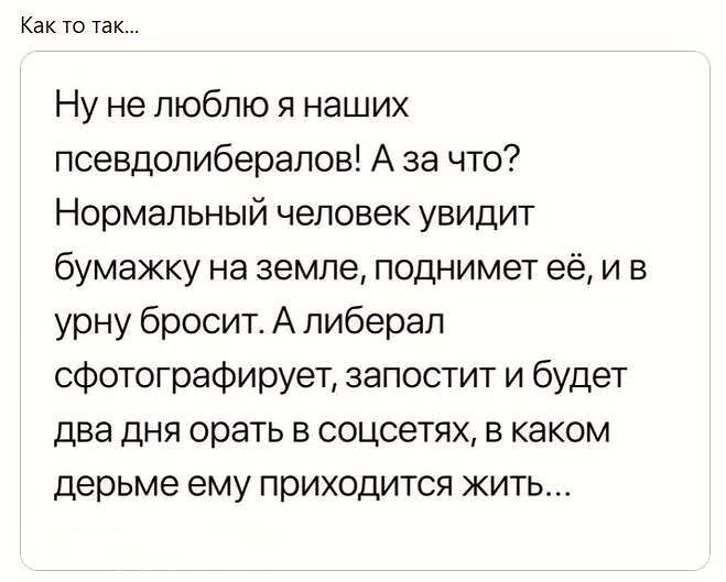 Как то так Ну не люблю 91 наших псевдопиберапов А за что Нормальный человек увидит бумажку на земле поднимет её и в урну бросит А либерал сфотографирует запостит и будет два дня орать в соцсетях в каком дерьме ему приходится жить