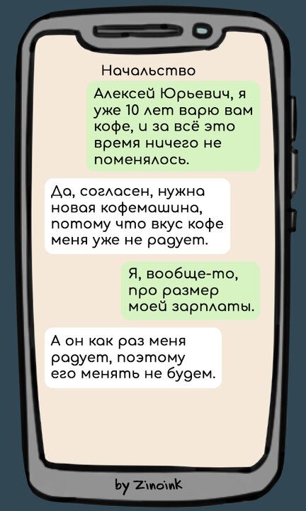 Ночодьство ААексей Юрьевич я уже 10 Ает верю вом кофе и за всё это время ничего не ПОМЕНЯАОСЬ Ао согосен нужна новая кофемашине потому что вкус кофе меня уже не роэуегтъ Я вообще то про размер моей зорПАоты А он как раз меня роэует поэтому его менять не будем