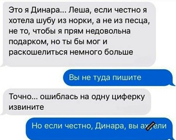 Это я Динара Леша если честно я хотела шубу из норки а не из песца не то чтобы я прям недовольна подарком но ты бы мог и раскошелиться немного больше щ аш Точно ошиблась на одну циферку извините дцп і _ ті