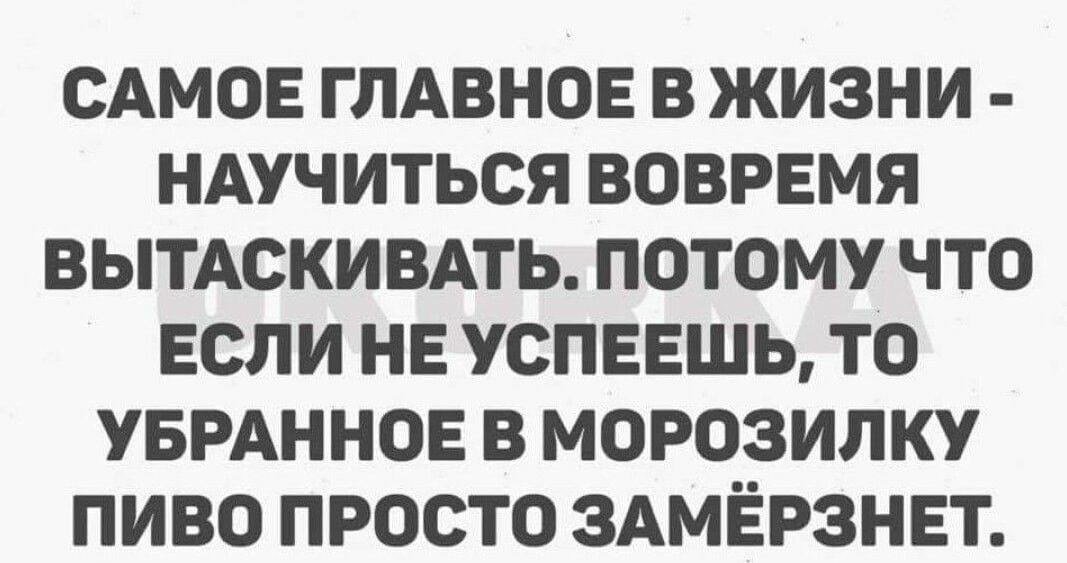 САМОЕ ГЛАВНОЕ В ЖИЗНИ НАУЧИТЬСЯ ВОВРЕМЯ ВЫТАСКИВАТЬ ПОТОМУ ЧТО ЕСЛИ НЕ УСПЕЕШЬ ТО УБРАННОЕ В МОРОЗИЛКУ ПИВО ПРОСТО ЗАМЁРЗНЕТ