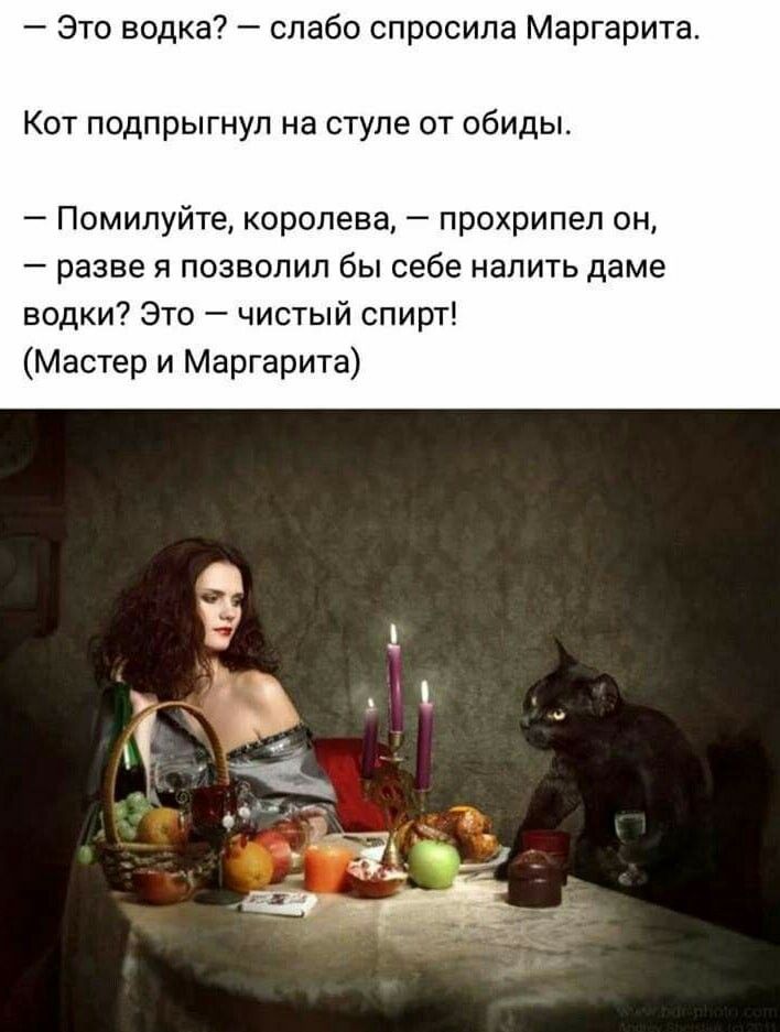 Это водка слабо спросила Маргарита Кот подпрыгнул на стуле от обиды Помилуйте королева прохрипел он разве я позволил бы себе налить даме водки Это чистый спит Мастер и Маргарита