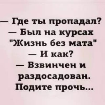 Где ты пропадал Был на курсах изнь без мата и как Взвинчен и раздосадован Поди п прочь