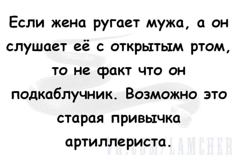 Если жена ругает мужа а он слушает её с открытым ртом то не факт что он подкаблучник Возможно это старая привычка артиллериста