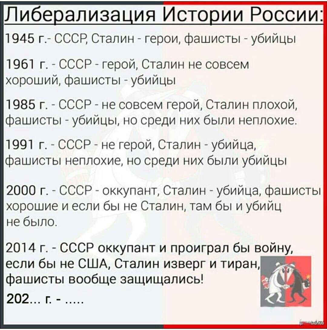 Либерализация Истории России 1945 г СССР Сталин герои фашисты убийцы 1961 г СССР герой Сталин не совсем хороший фашисты убийцы 1985 г СССР не совсем герой Сталин плохой фашисты убийцы но среди них были неплохие 1991 г СССР не герой Сталин убийца фашисты неплохие но среди них были убийцы 2000 г СССР оккупант Сталин убийца фашисты хорошие и если бы н